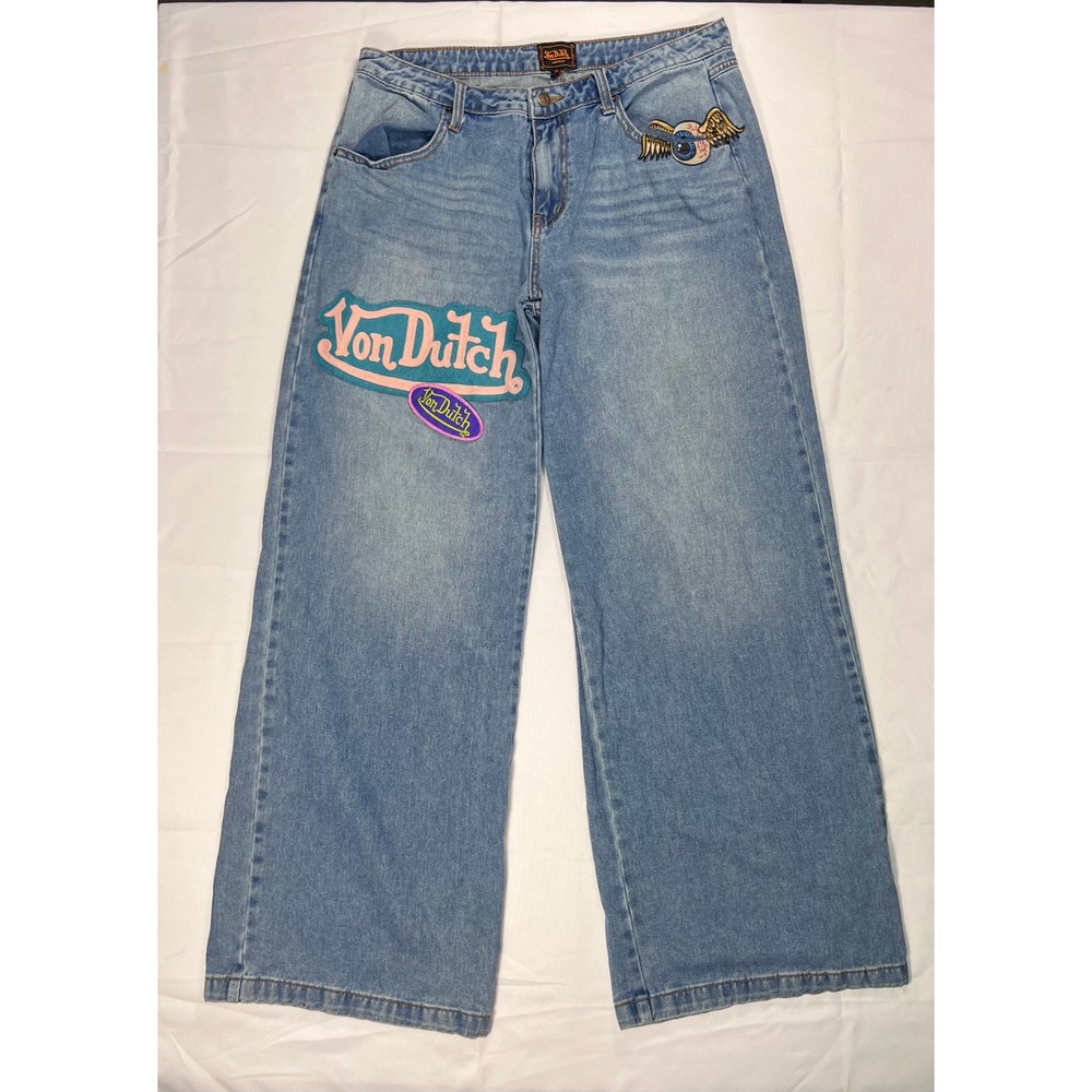 Von Dutch Wide Leg Jeans Womens 13 Blue Medium Wash Y2K Baggy Logo Patch Graphic - Picture 2 of 16